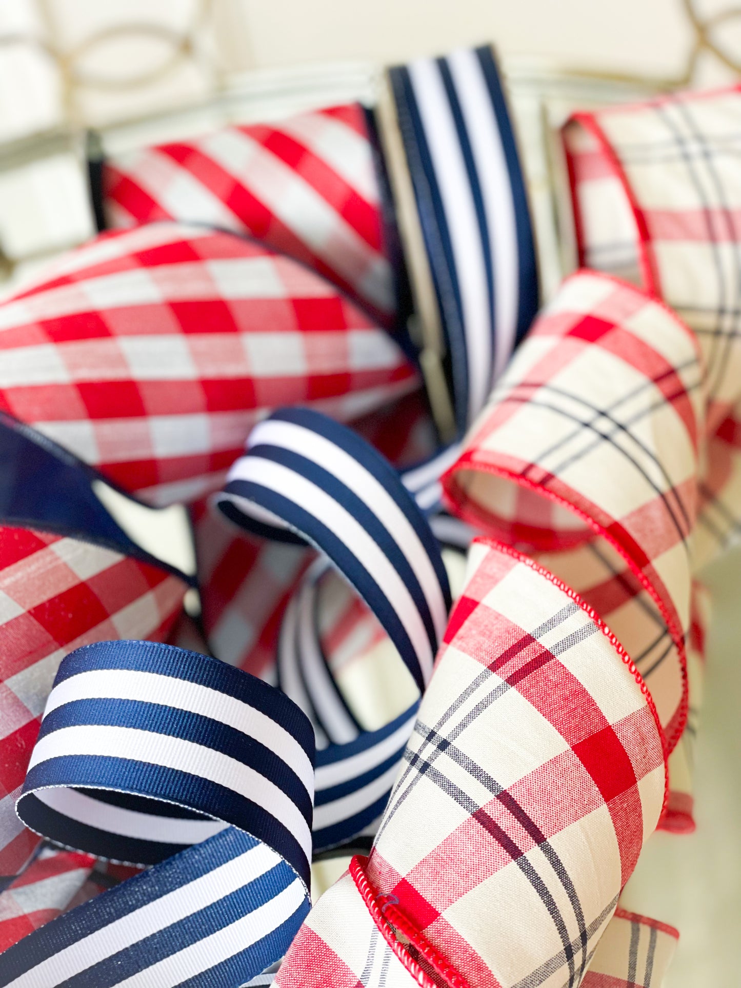 Red and White Diagonal Check Taffeta Ribbon With Navy Back