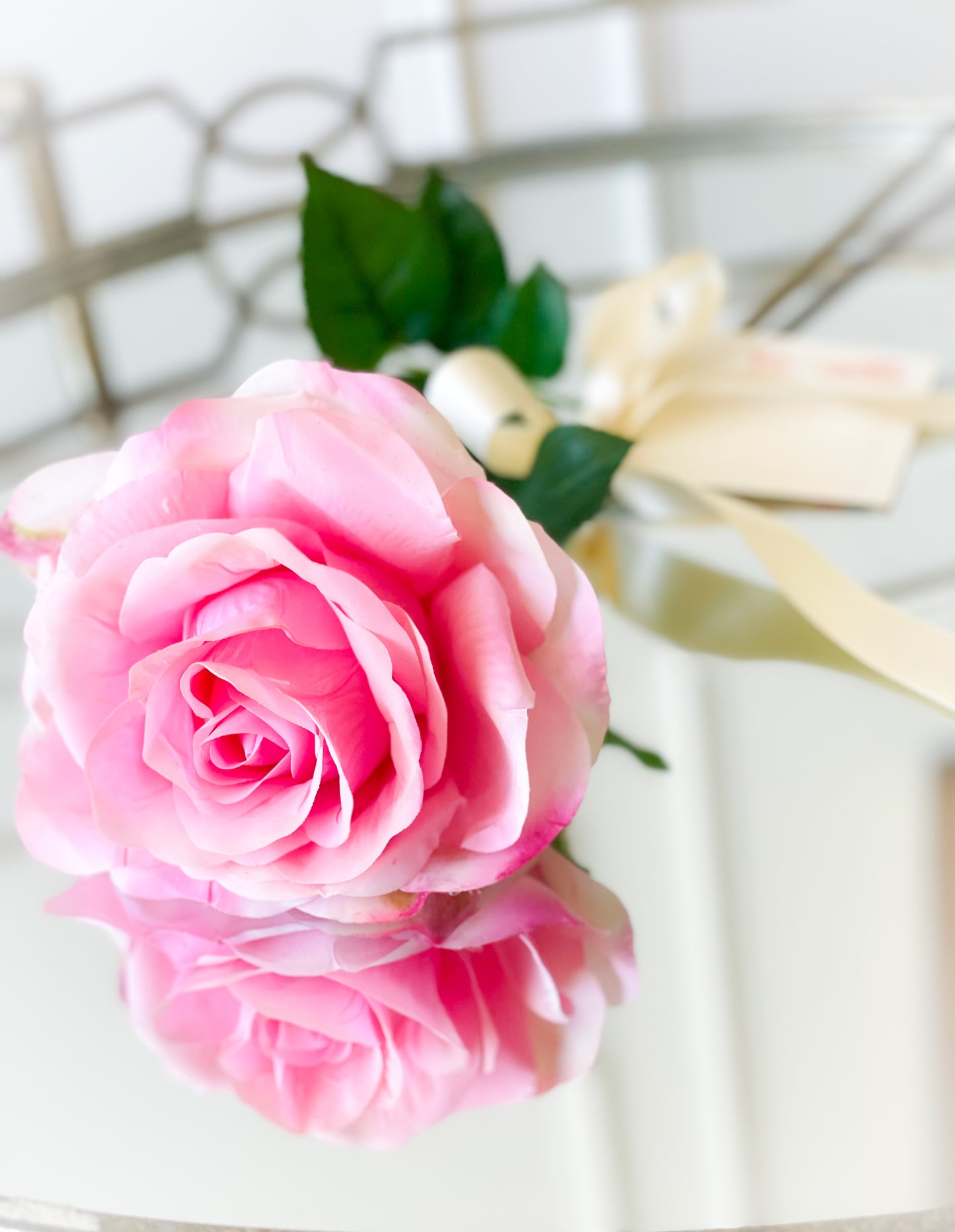 Just Cut Hot Pink Open Rose With Satin Bow And Dance Card