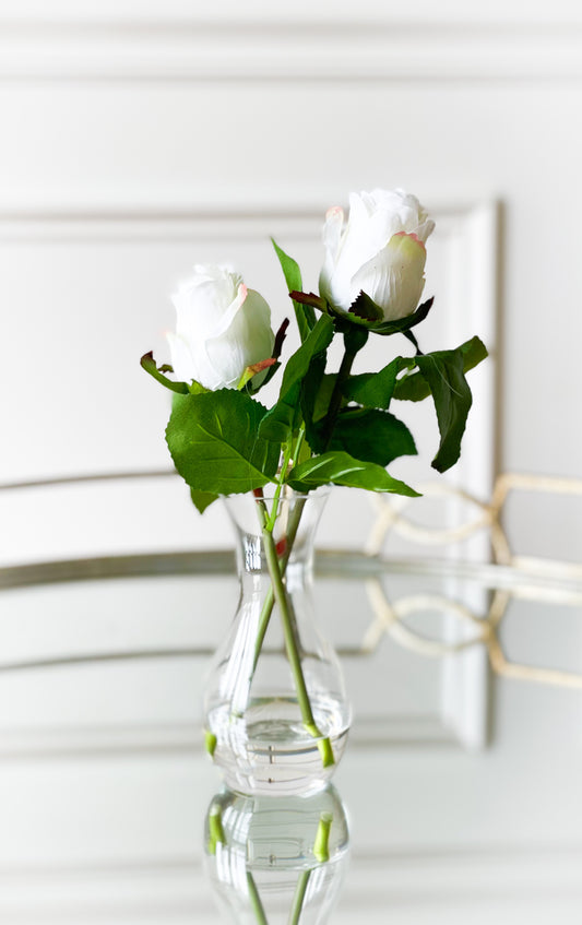 White Double Rosebud In Glass Vase With Acrylic Water