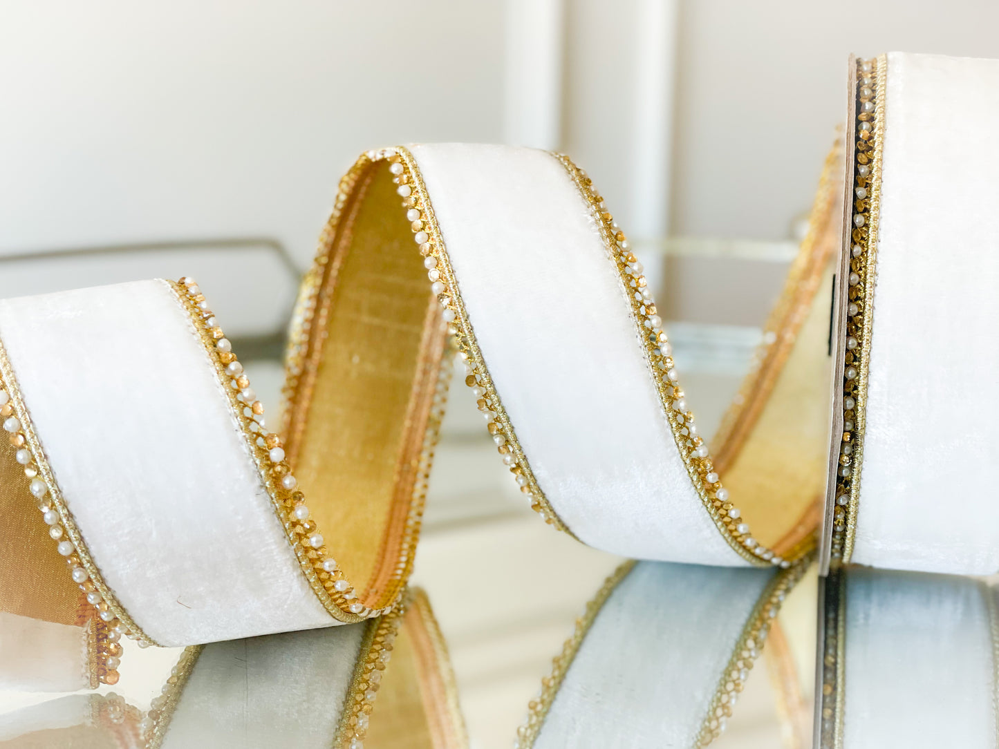 White Lush Velvet Ribbon With Jewel Edge