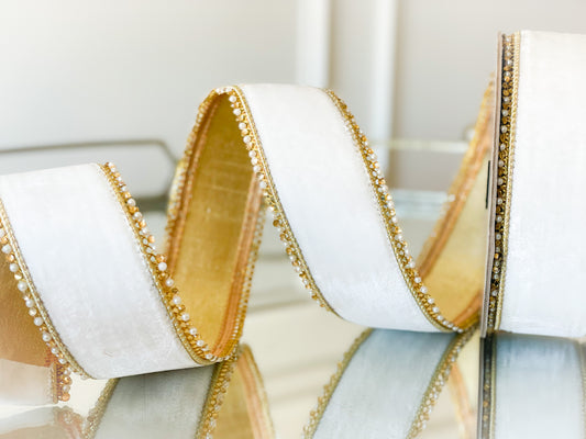 White Lush Velvet Ribbon With Jewel Edge