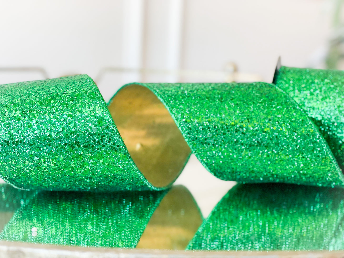 Emerald Glitter Ribbon With Gold Back