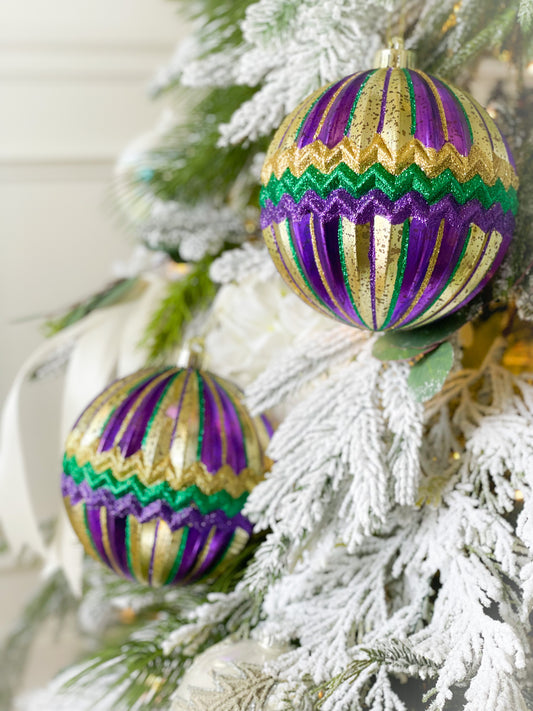 Set Of Two Mardi Gras Gold Stripe/Chevron Ornaments