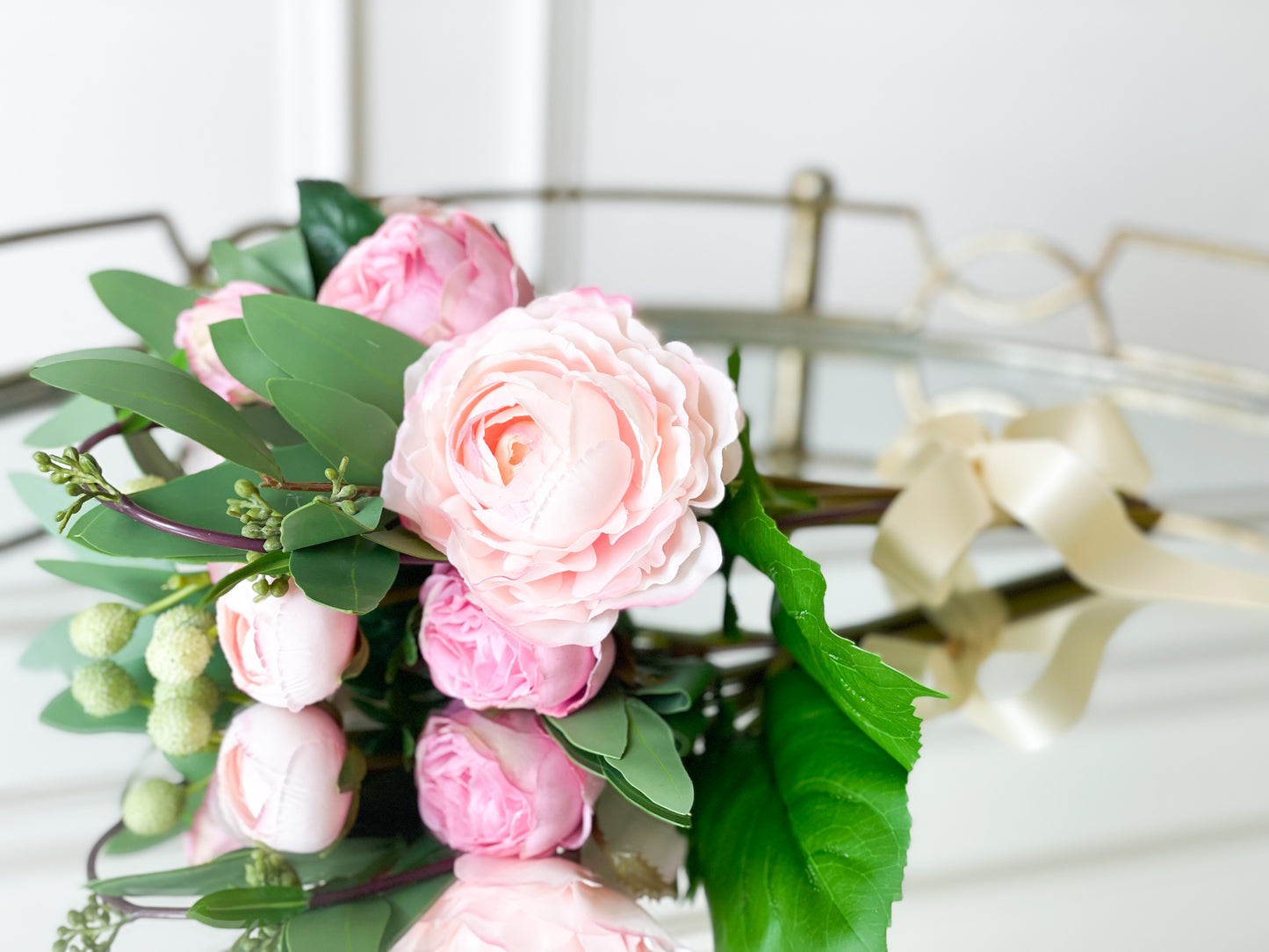 Hydrangea, Rose, And Eucalyptus Bouquet With Satin Bow