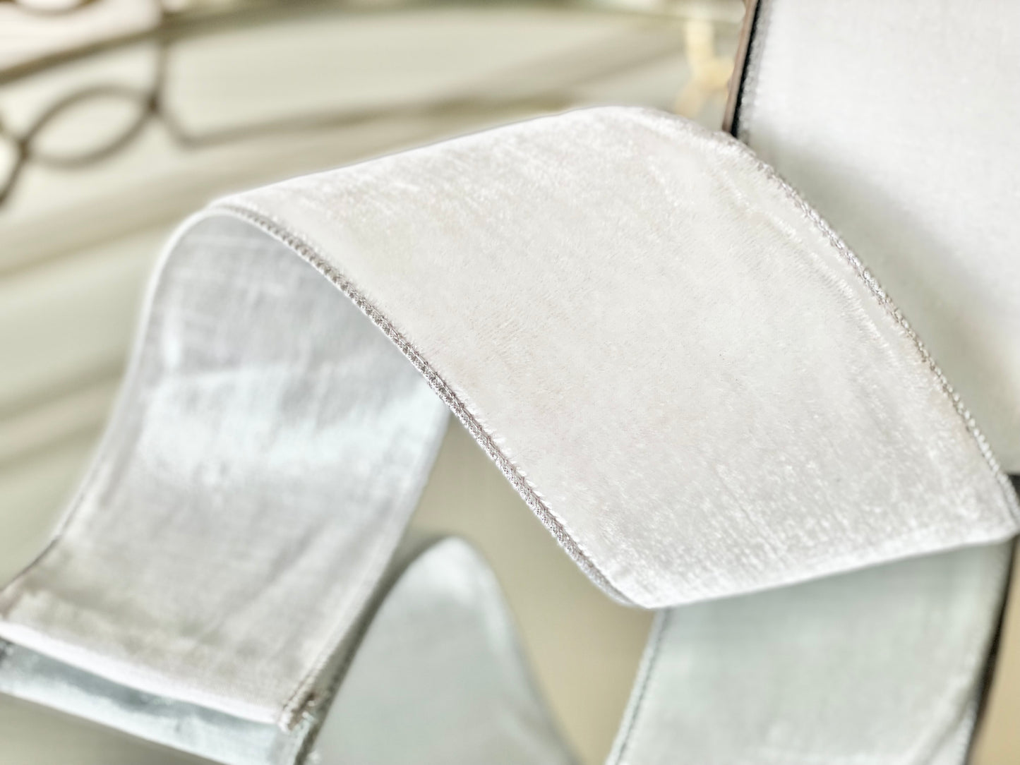 White Lush Velvet Ribbon with Silver Trim & Backing