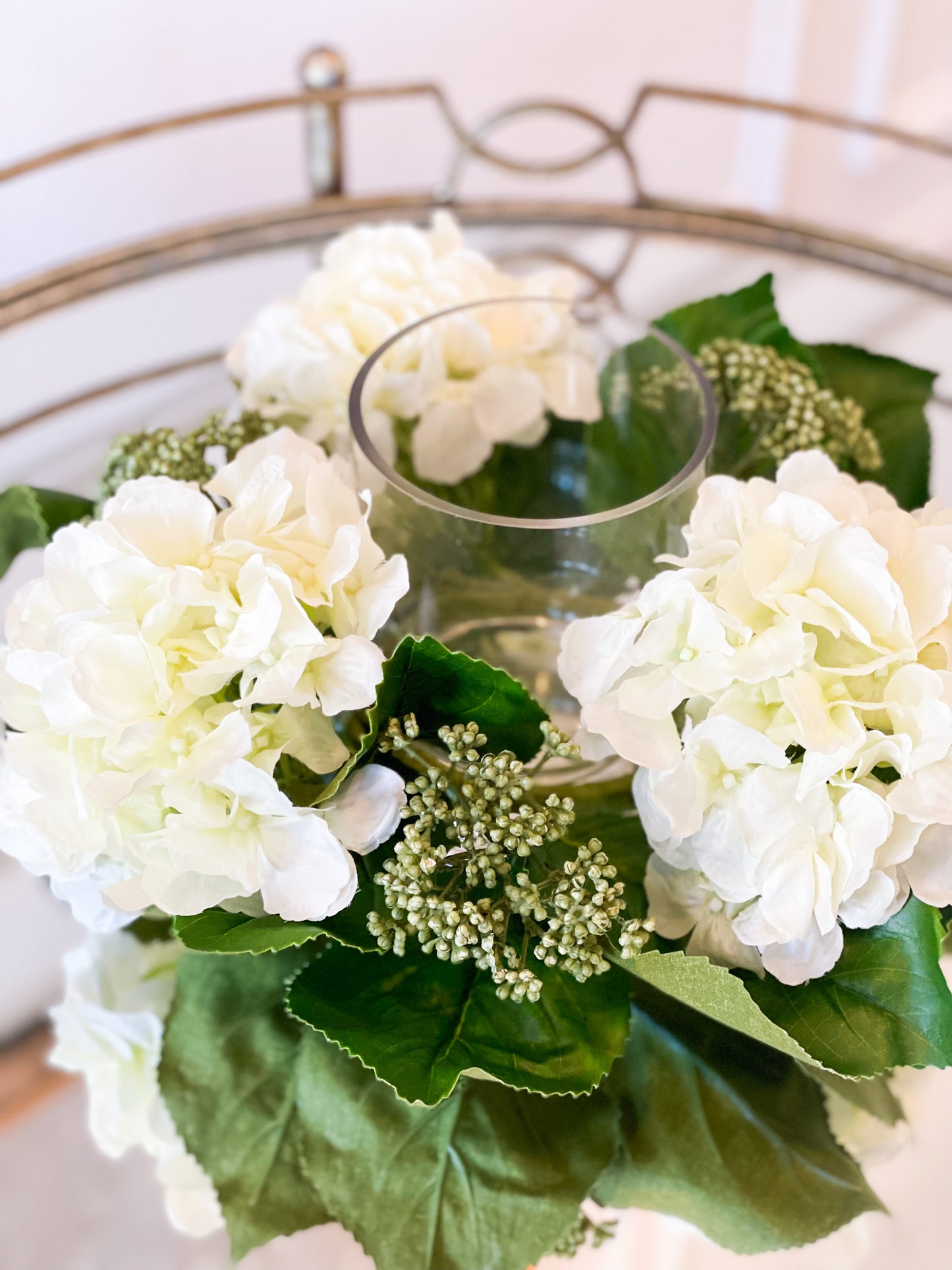 White Hydrangea And Sedum Candle Holder