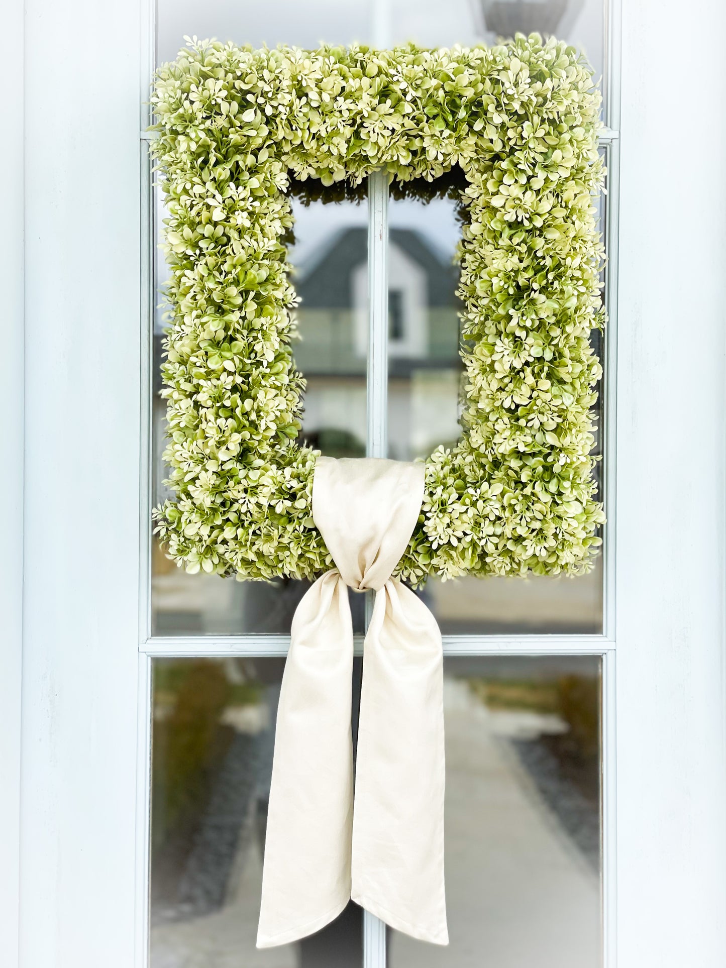 Cream And Green Boxwood Rectangle Wreath