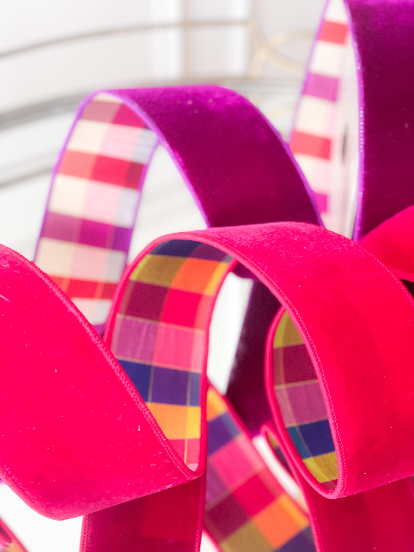 Hot Pink Lush Velvet With Rainbow Plaid Back