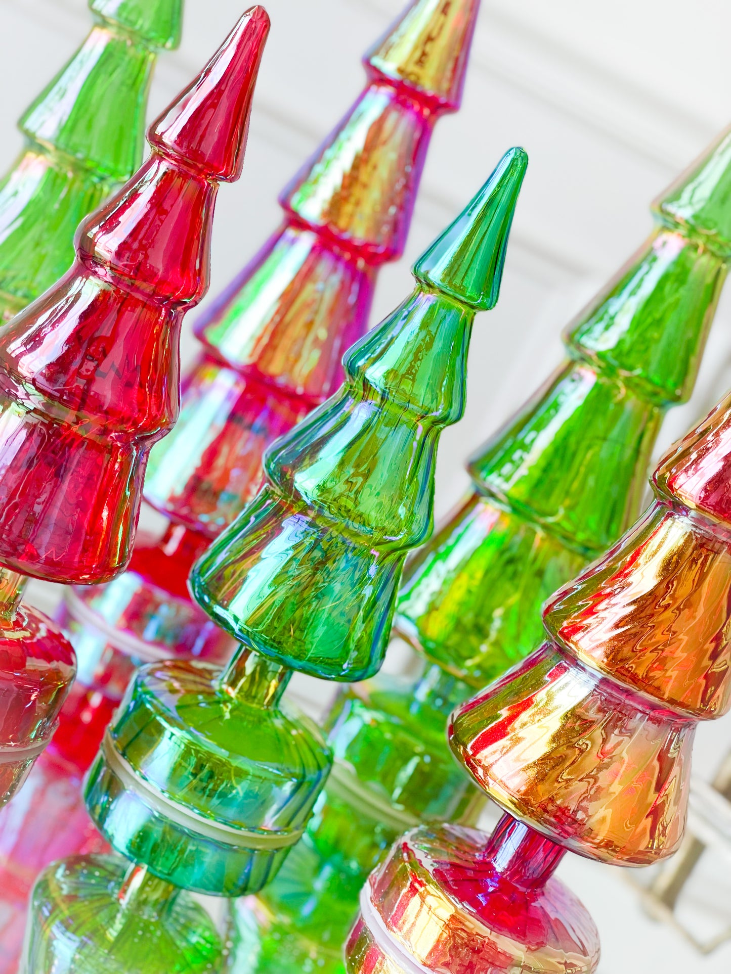 Set Of Three Red Glass Iridescent Trees