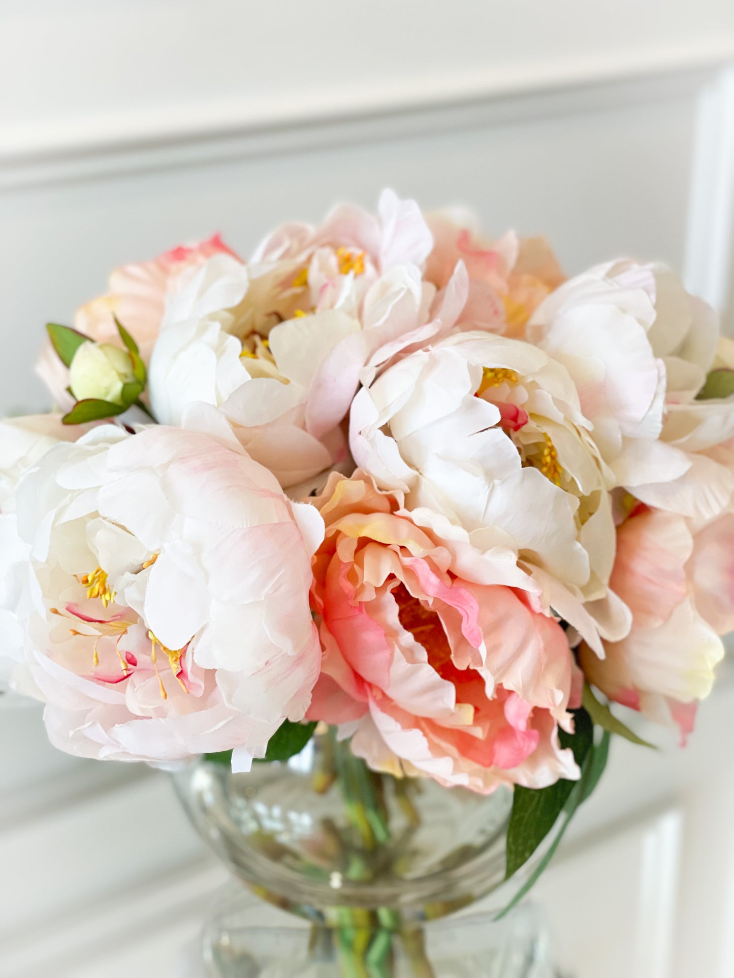 Blush And Cream Peony Bouquet In Round Glass Vase With Acrylic Water