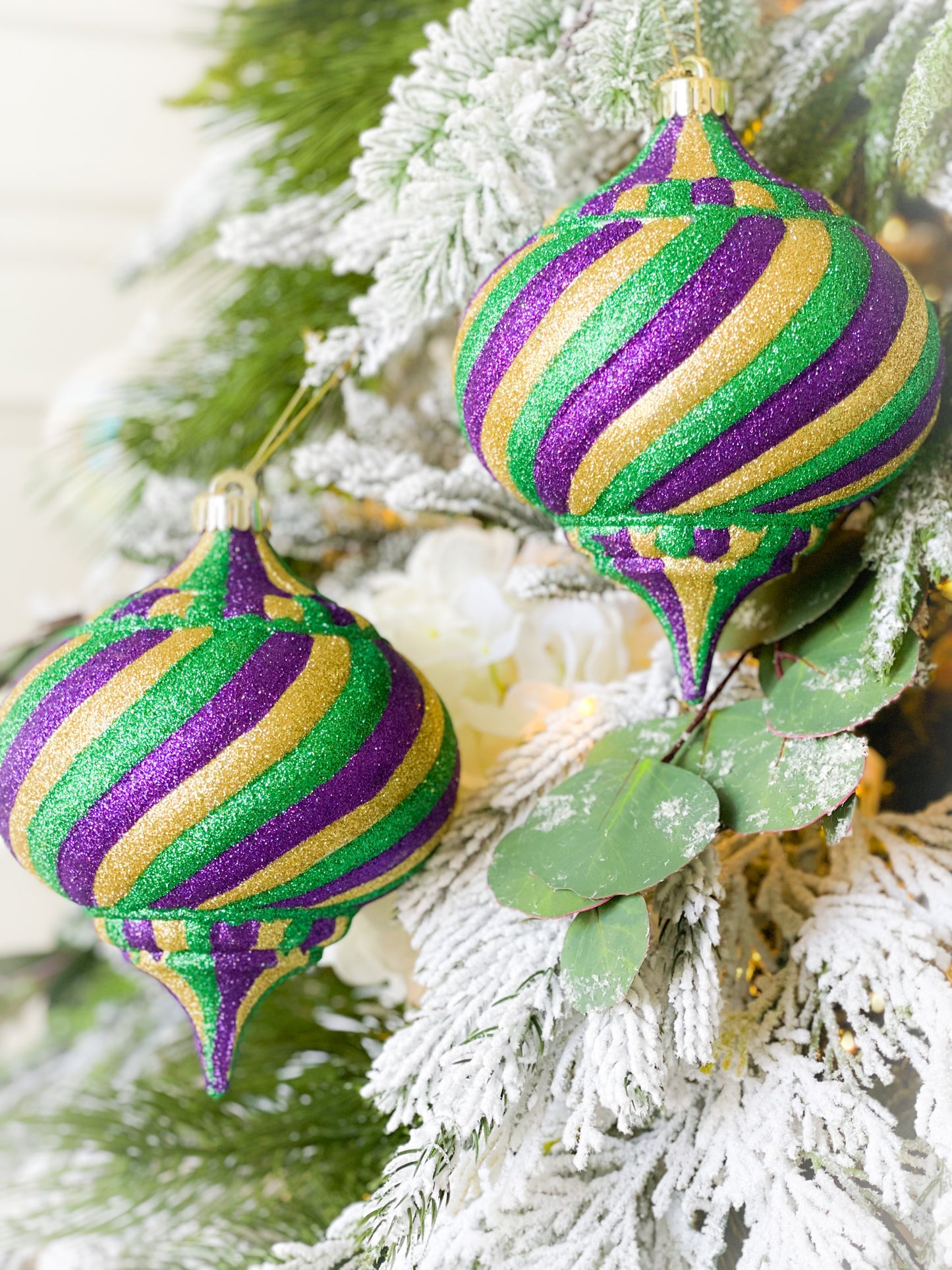 Set Of Two Mardi Gras Glitter Swirl Ornament