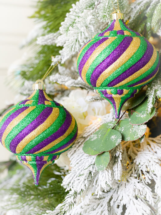Set Of Two Mardi Gras Glitter Swirl Ornament