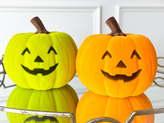 Set Of Two Flocked Jack-O-Lanterns Lime/Yellow-Orange