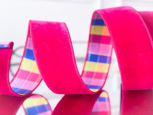 Hot Pink Lush Velvet With Rainbow Plaid Back