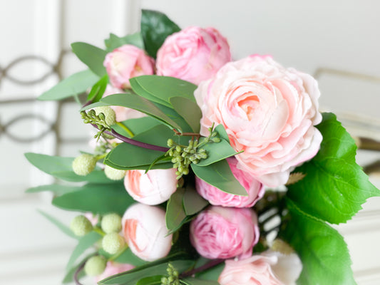 Hydrangea, Rose, And Eucalyptus Bouquet With Satin Bow