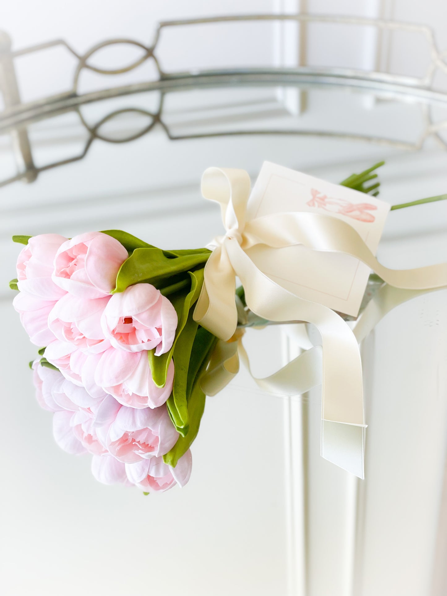 Light Pink Tulip Bundle With Satin Bow And Dance Card
