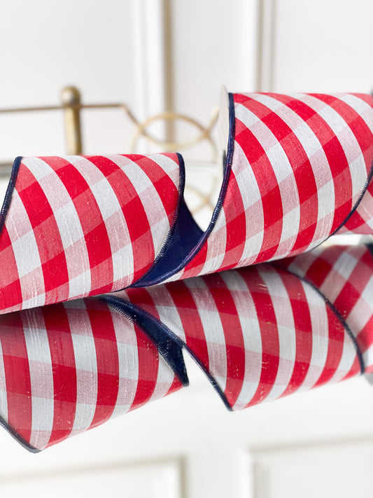 Red and White Diagonal Check Taffeta Ribbon With Navy Back