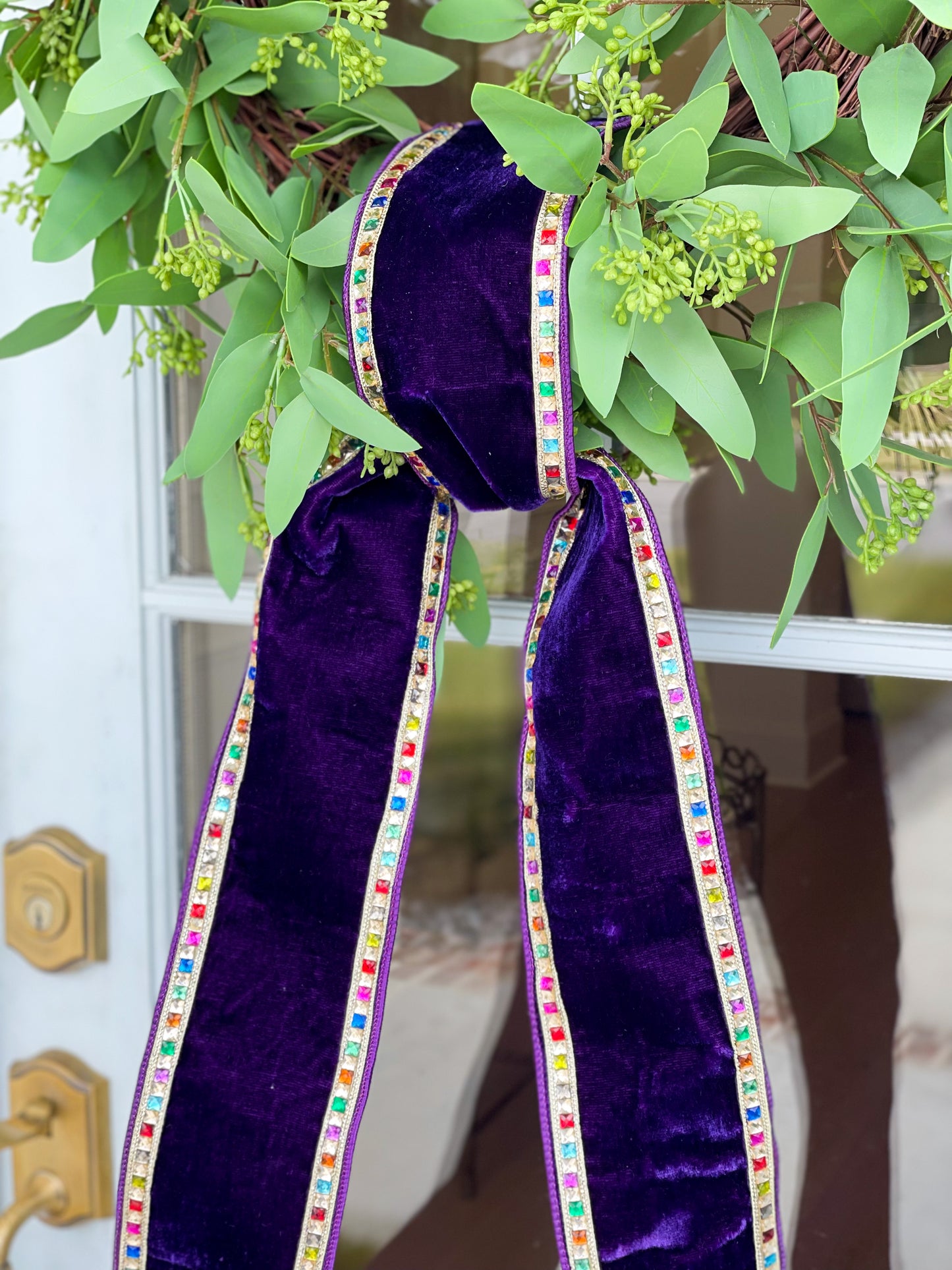 Mardi Gras Velvet purple ribbon with multicolored jewels