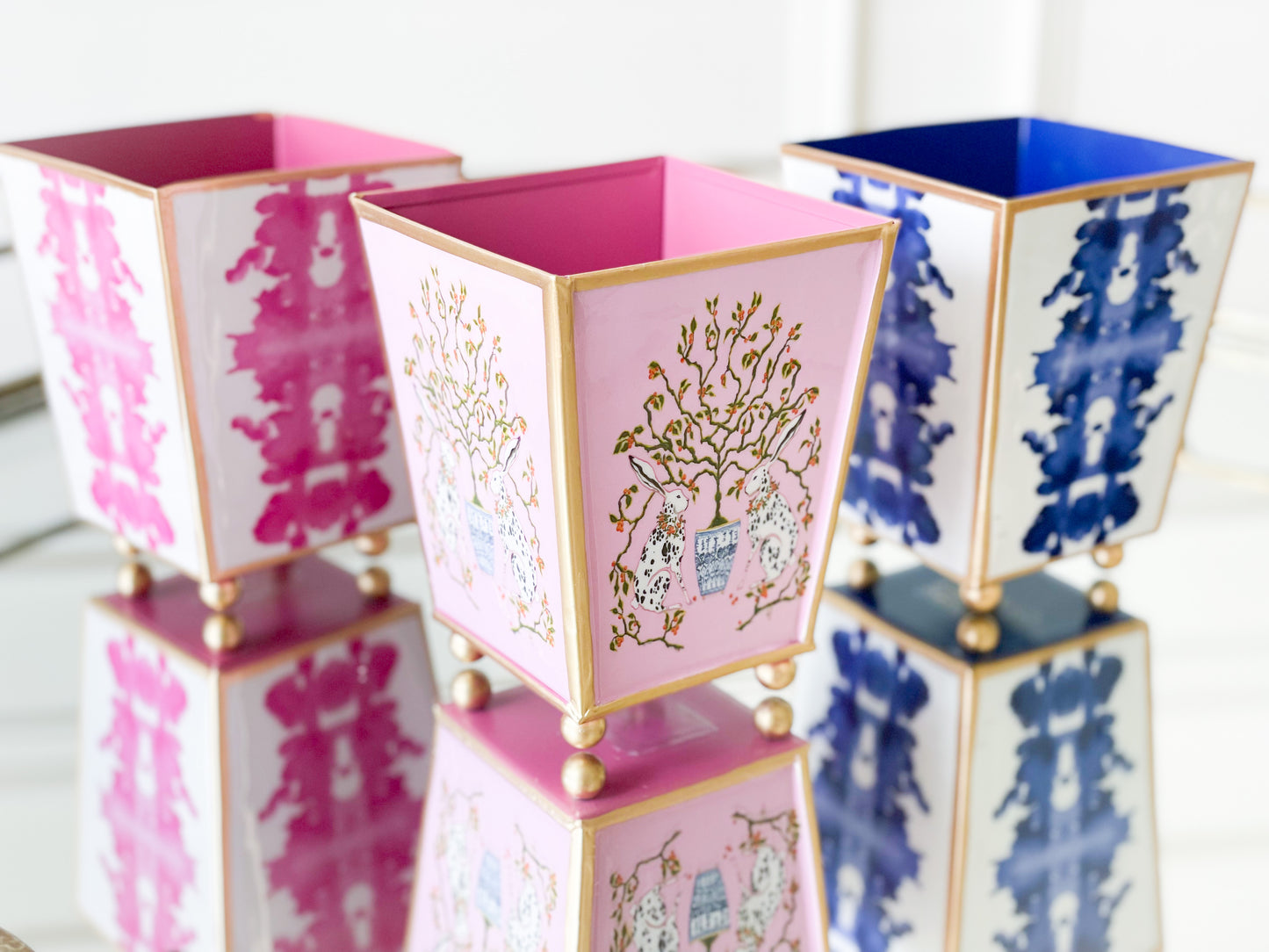 Pink And White Ink Blot Enameled Cachepot