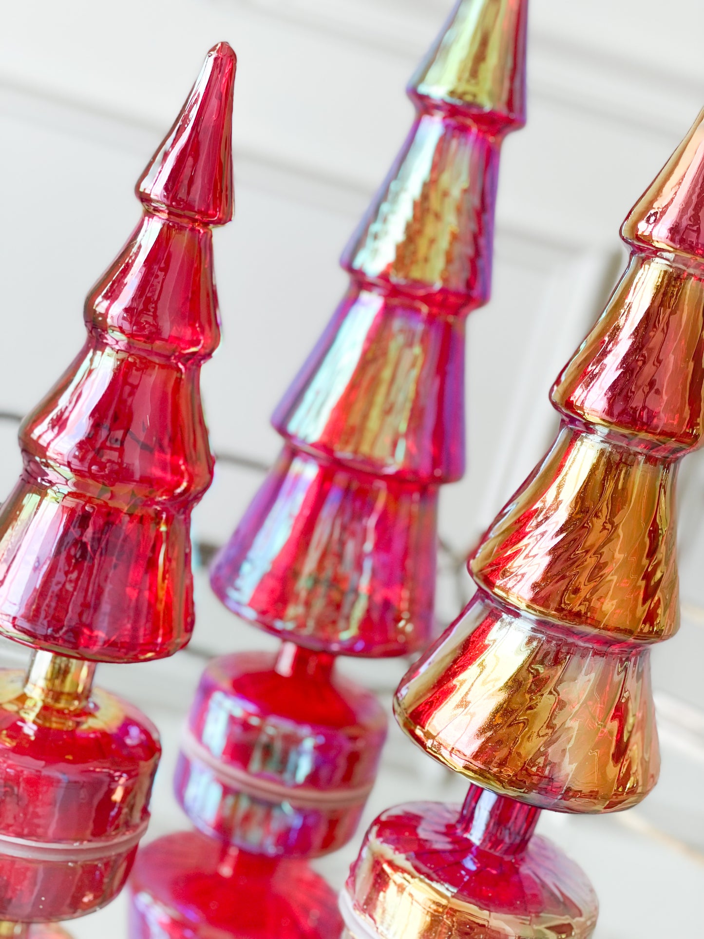 Set Of Three Red Glass Iridescent Trees