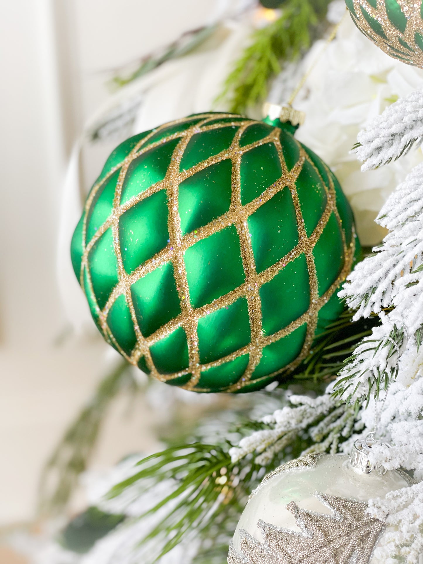 Set Of Two Emerald With Gold Net Ornaments