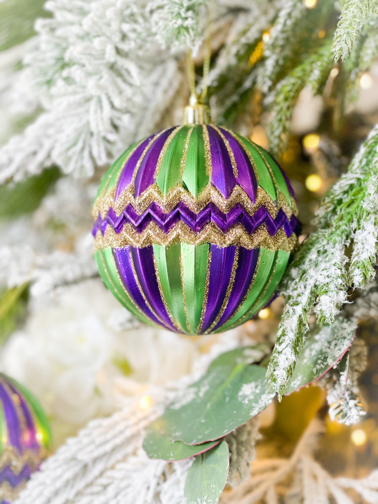 Set Of Two Mardi Gras Green Stripe/Chevron Ornaments