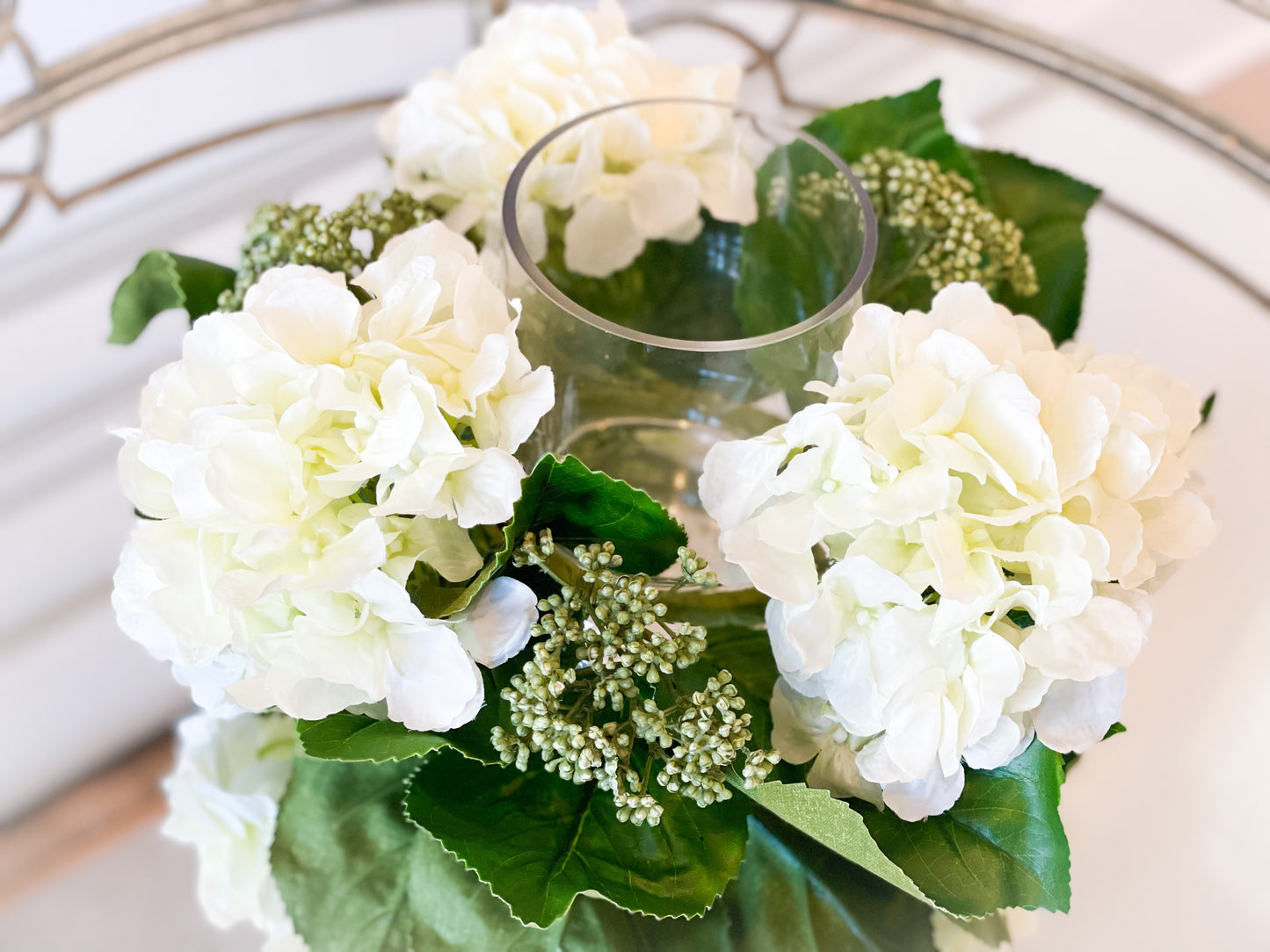 White Hydrangea And Sedum Candle Holder