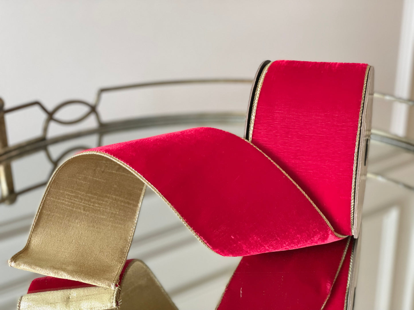 Red Lush Velvet Ribbon with Gold Trim & Backing