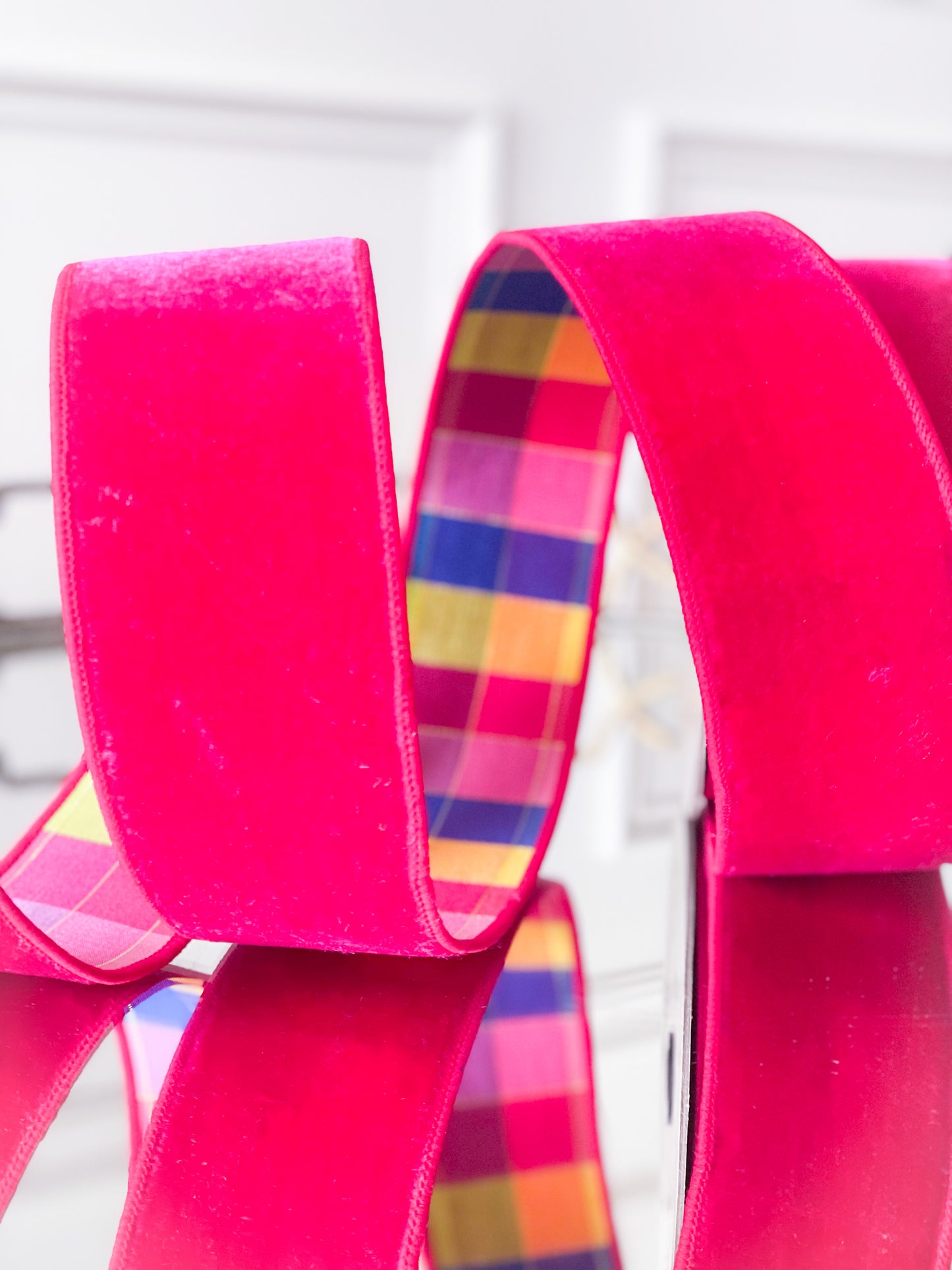 Hot Pink Lush Velvet With Rainbow Plaid Back