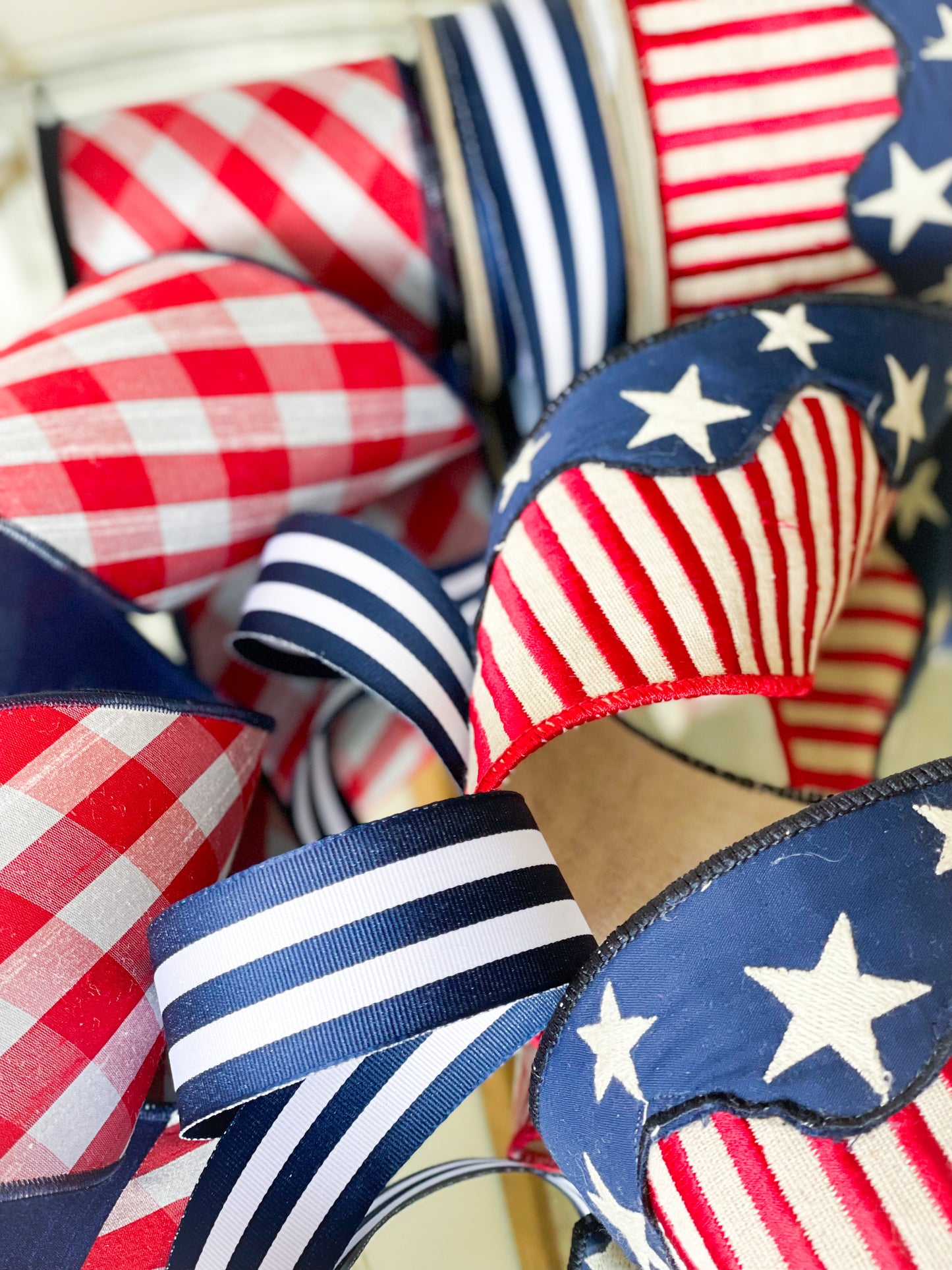 Red and White Diagonal Check Taffeta Ribbon With Navy Back