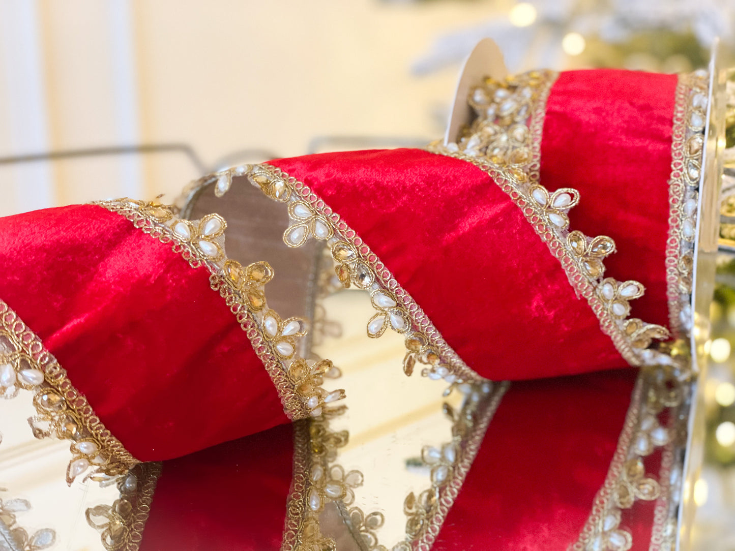 Red Velvet Ribbon With Pearl Edge