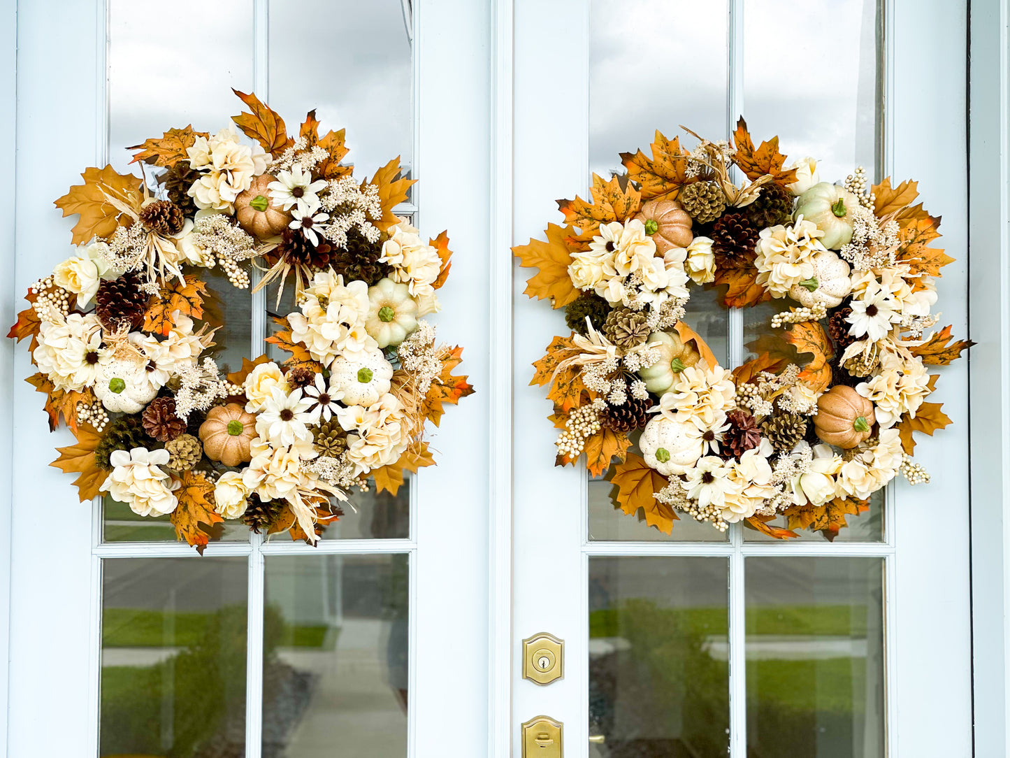 Cream Hydrangea Pumpkin Wreath