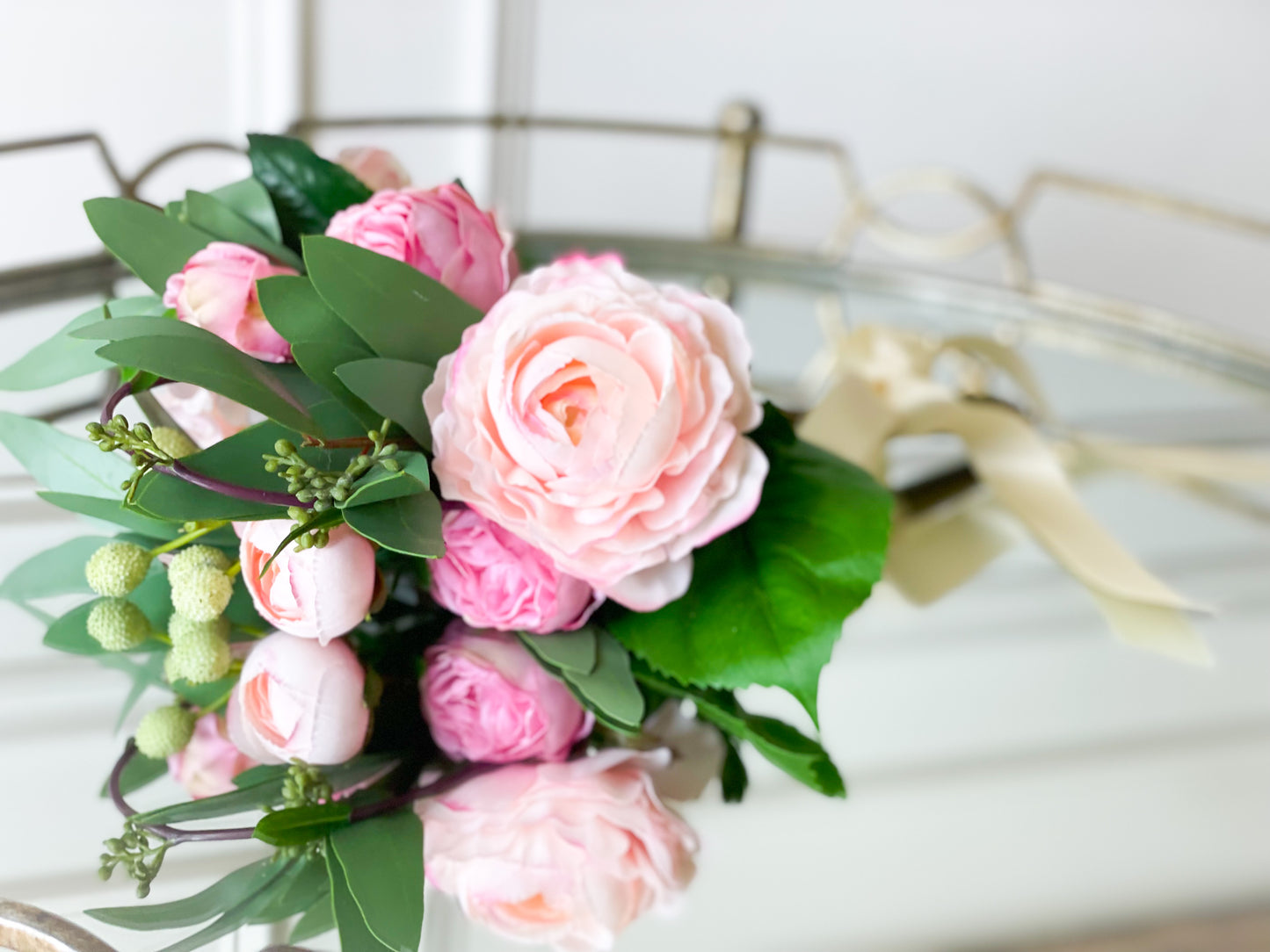 Hydrangea, Rose, And Eucalyptus Bouquet With Satin Bow