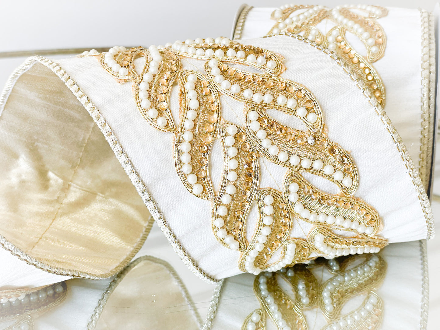 Ivory Dupion Ribbon With Pearl Braided Center
