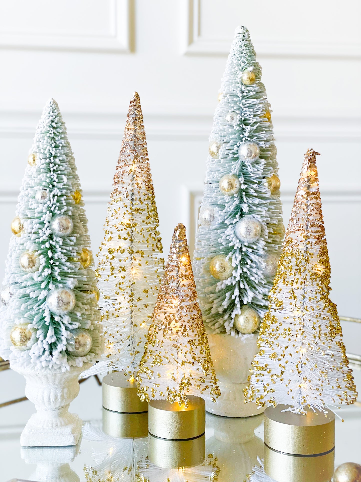 Set Of 2 Gold/Silver Bottle Brush Tree In Urn