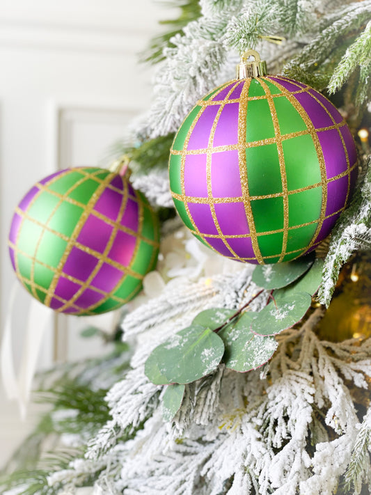 Set Of Two Green Mardi Gras Plaid Ornaments