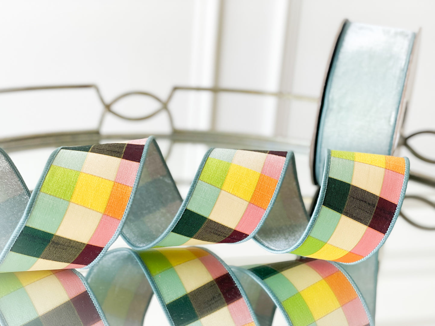 Celadon Lush Velvet With Spring Plaid Back