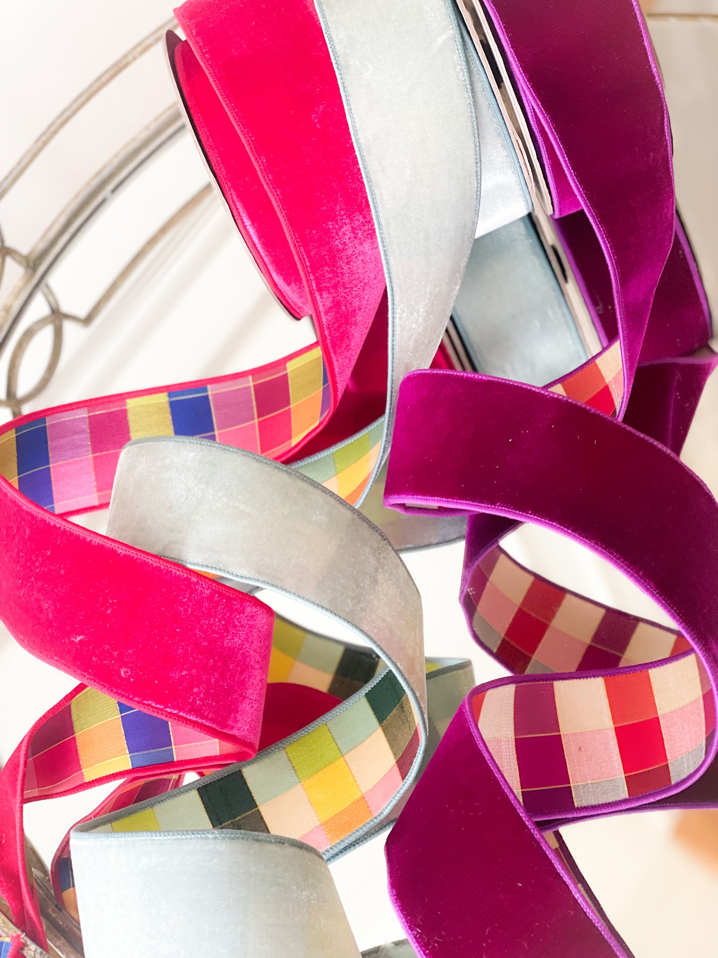 Hot Pink Lush Velvet With Rainbow Plaid Back
