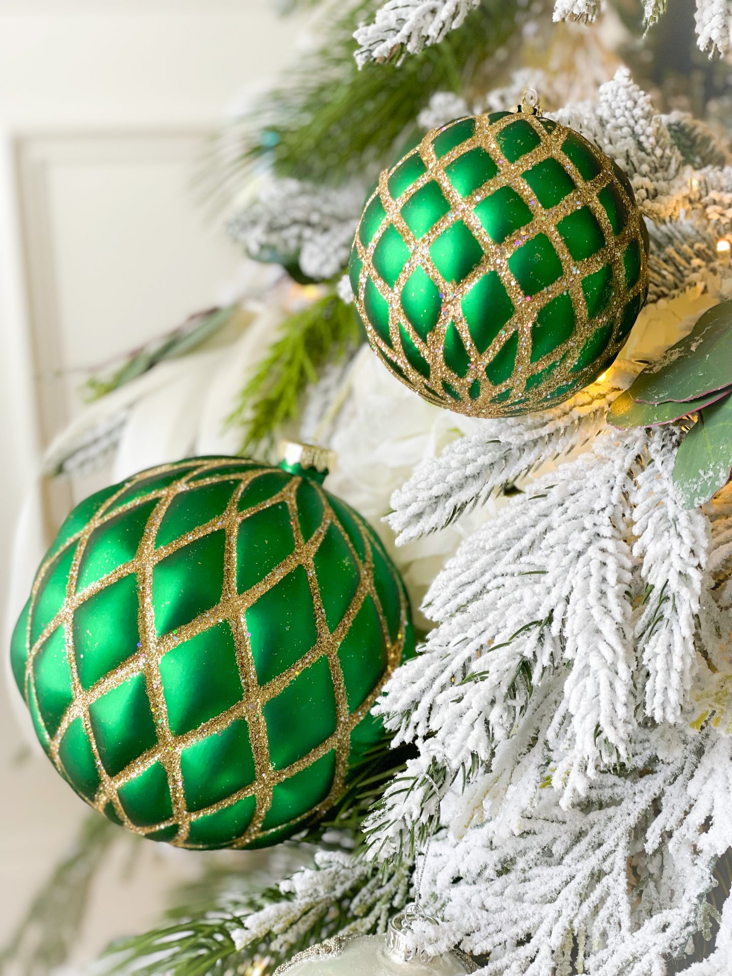 Set Of Two Emerald With Gold Net Ornaments