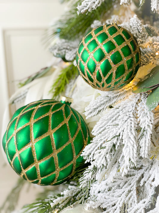 Set Of Two Emerald With Gold Net Ornaments