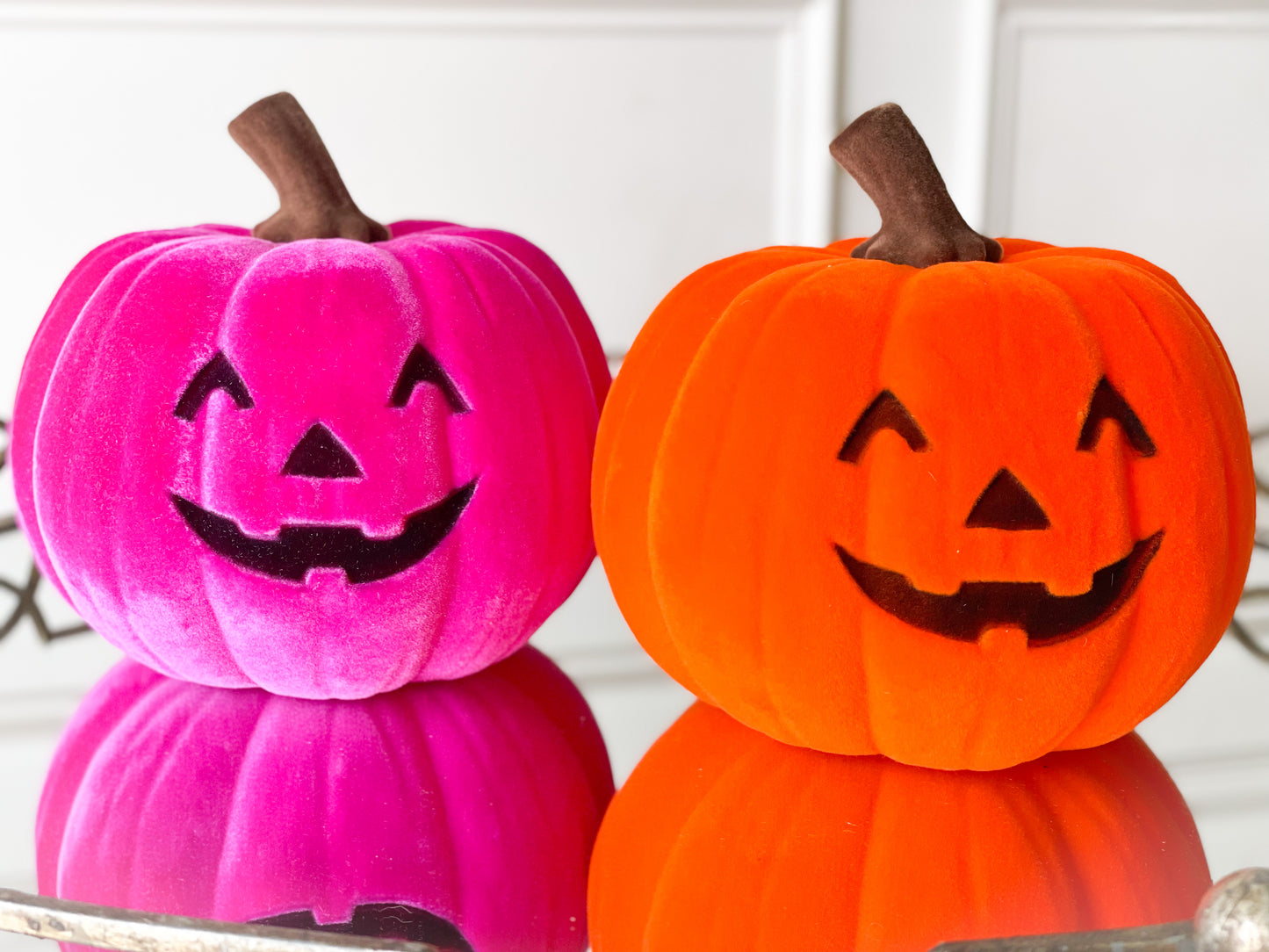 Set Of Two Flocked Jack-O-Lanterns Orange/Pink