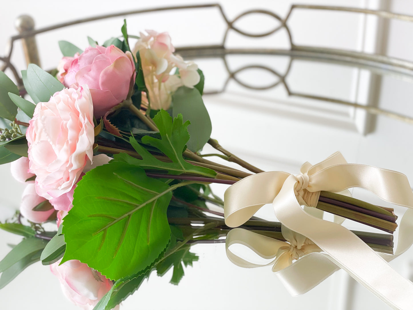 Hydrangea, Rose, And Eucalyptus Bouquet With Satin Bow