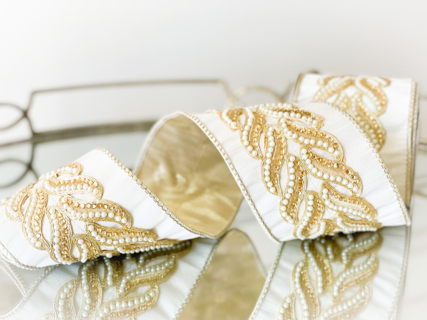 Ivory Dupion Ribbon With Pearl Braided Center 4x5yds