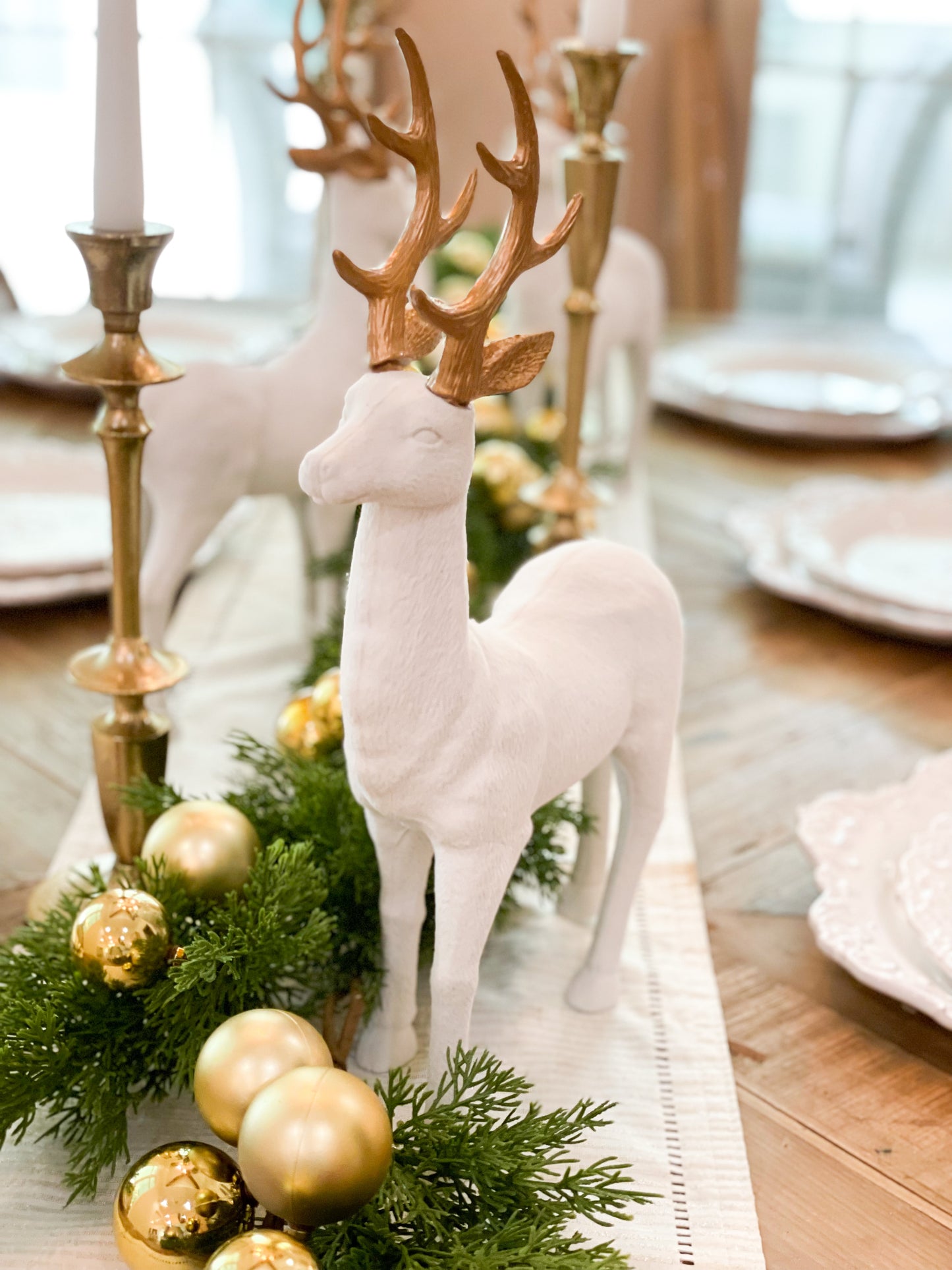 Set of 2 White Velvet Reindeer With Gold Antlers