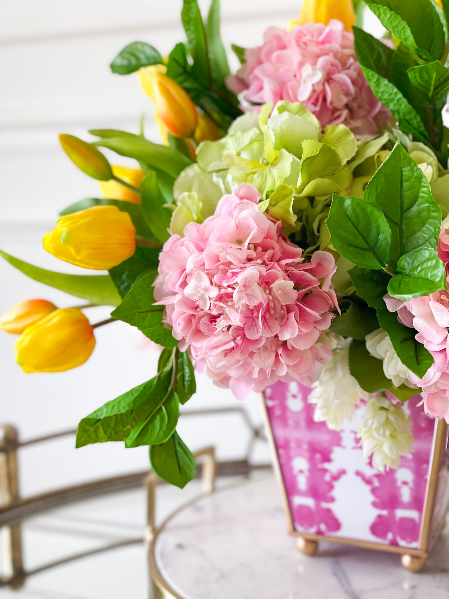 Pink And White Ink Blot Enameled Cachepot