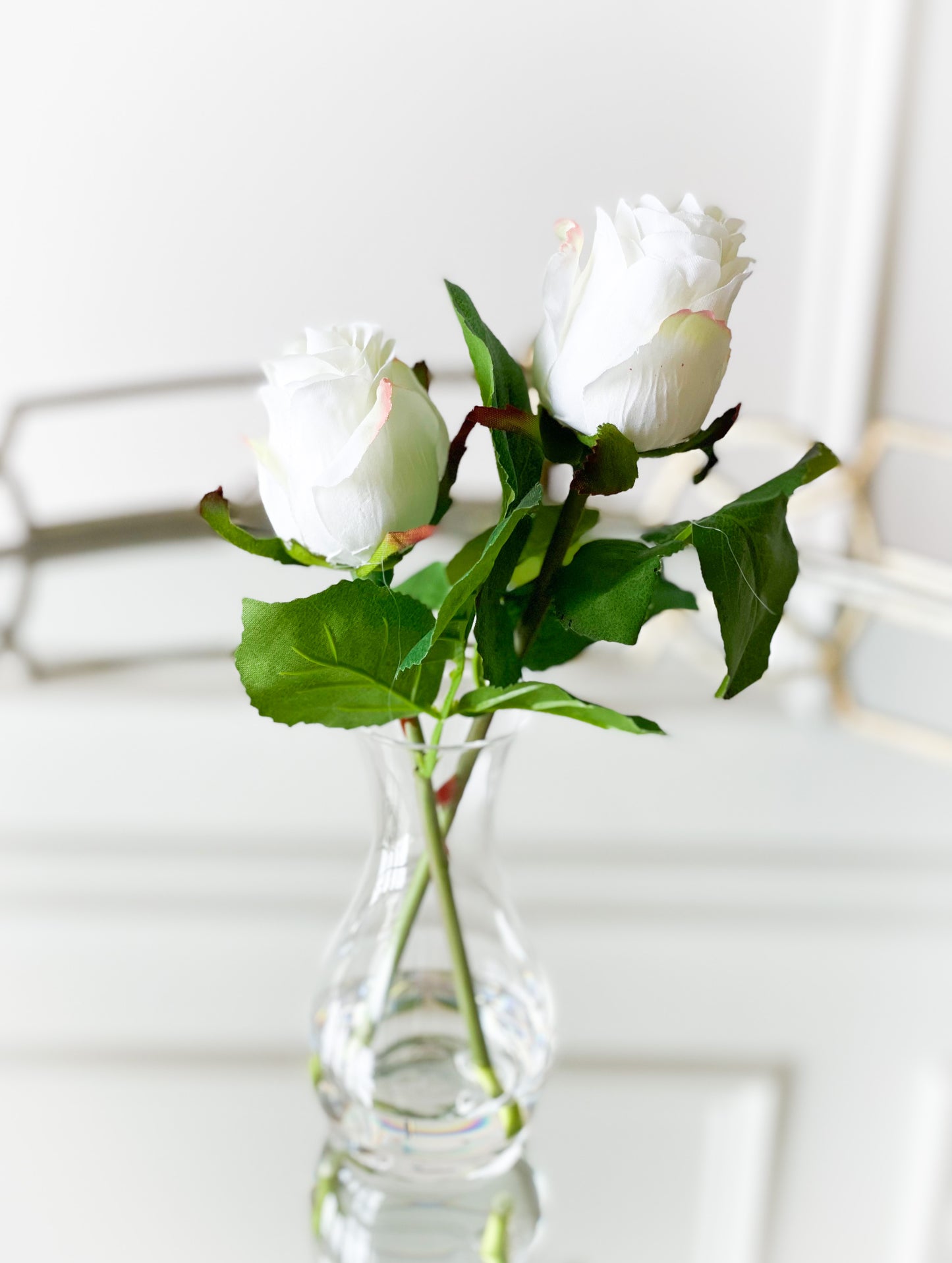 White Double Rosebud In Glass Vase With Acrylic Water