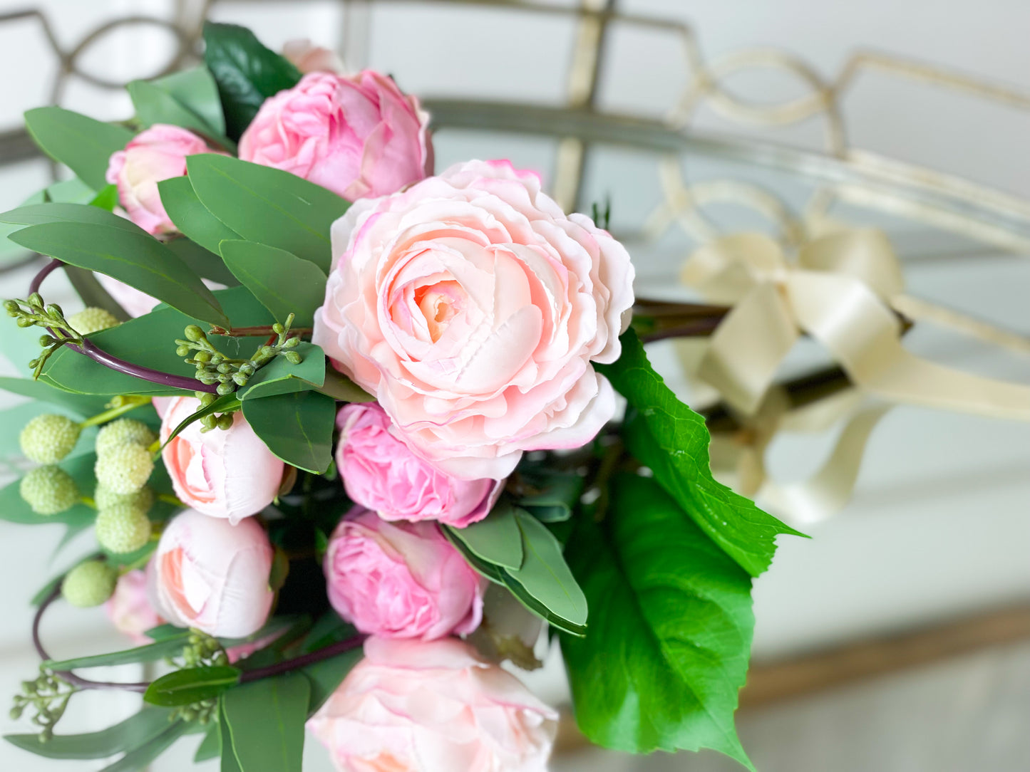 Hydrangea, Rose, And Eucalyptus Bouquet With Satin Bow
