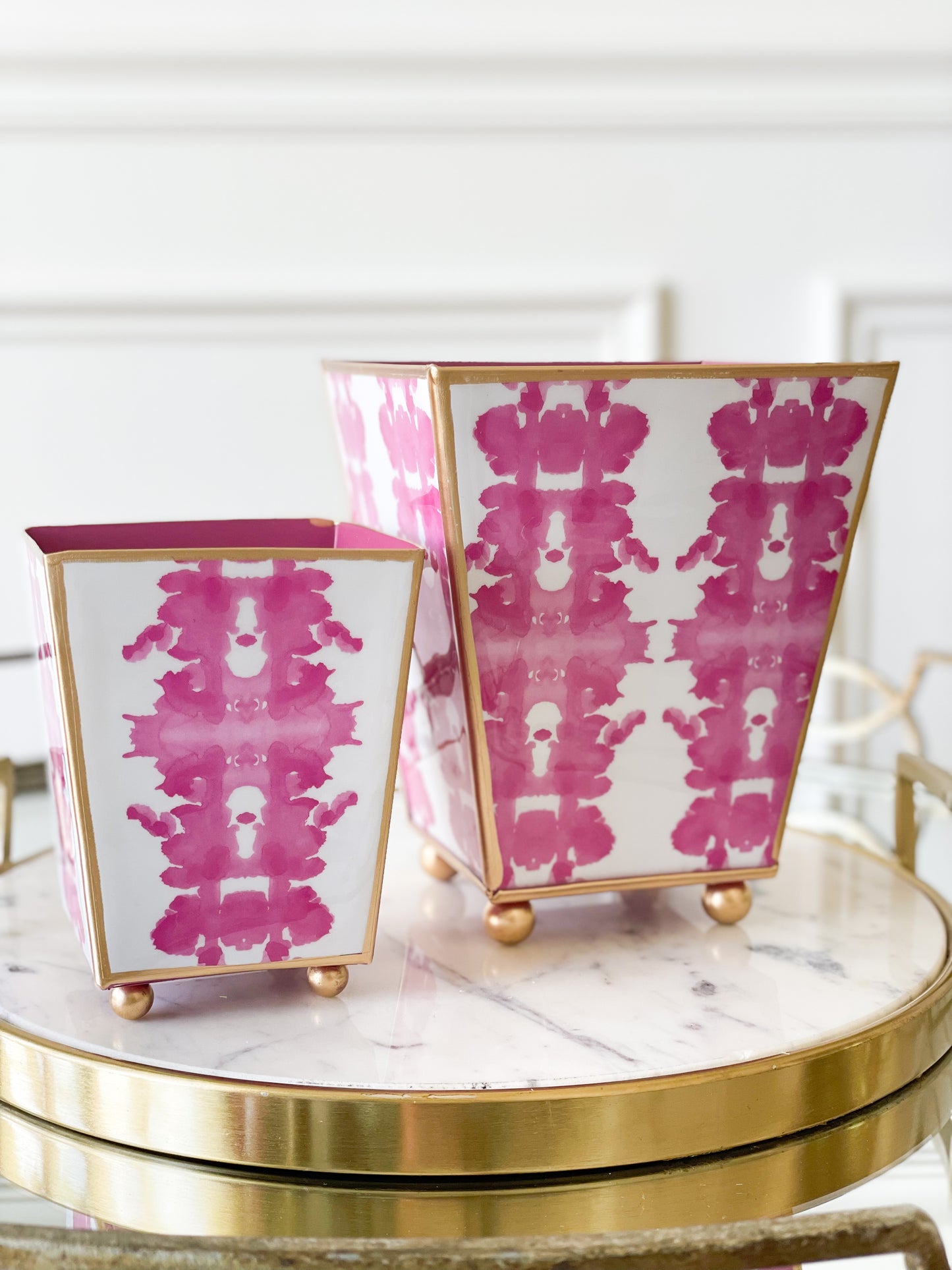 Pink And White Ink Blot Enameled Cachepot