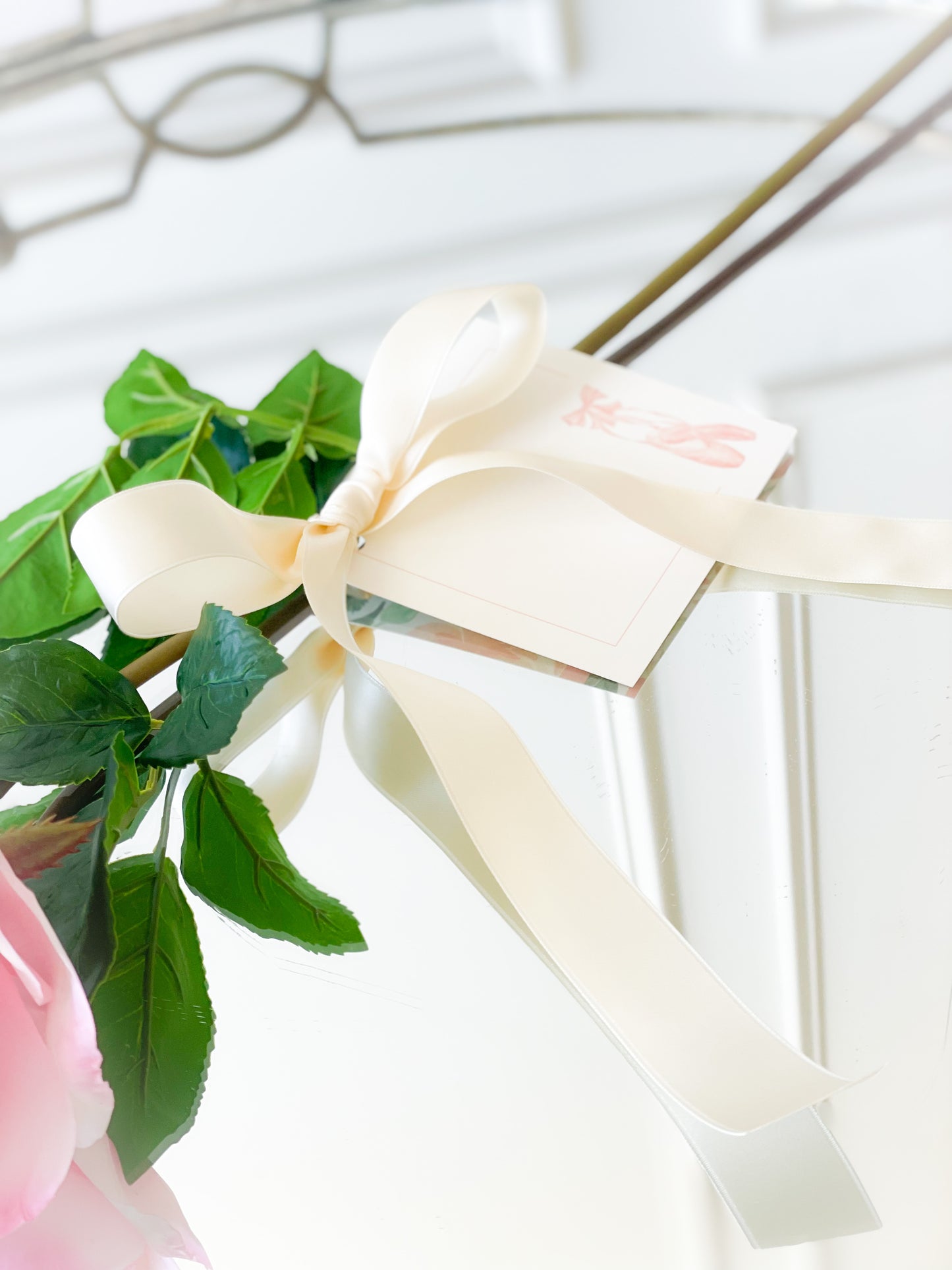 Just Cut Hot Pink Open Rose With Satin Bow And Dance Card