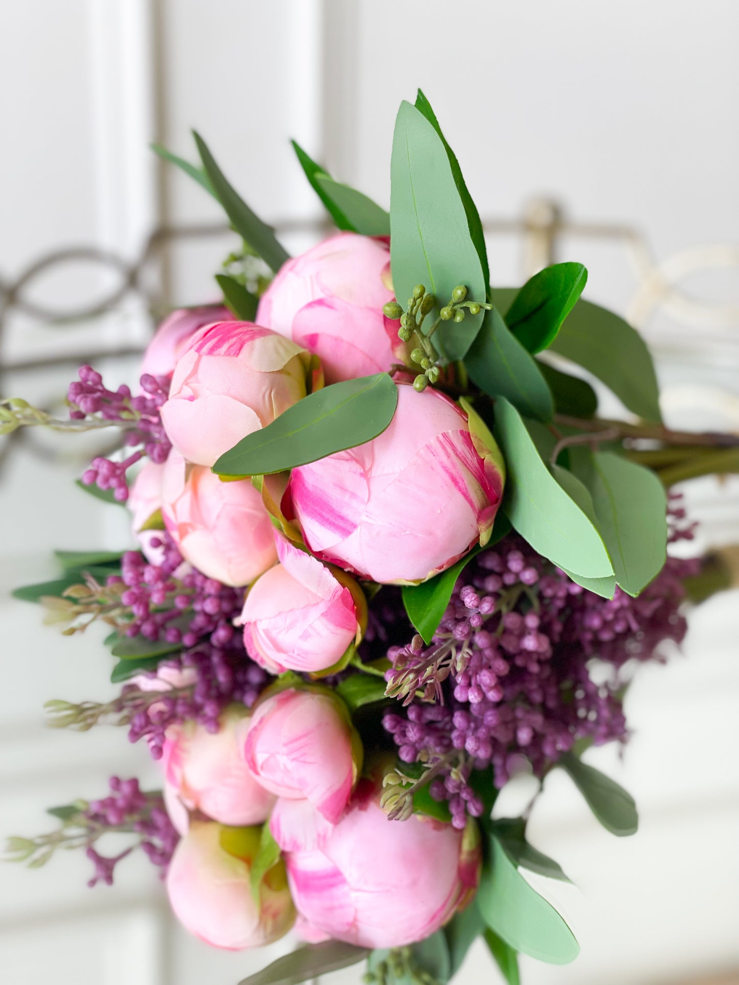Pink Peony Bud, Lilac, And Eucalyptus Bouquet With Satin Bow